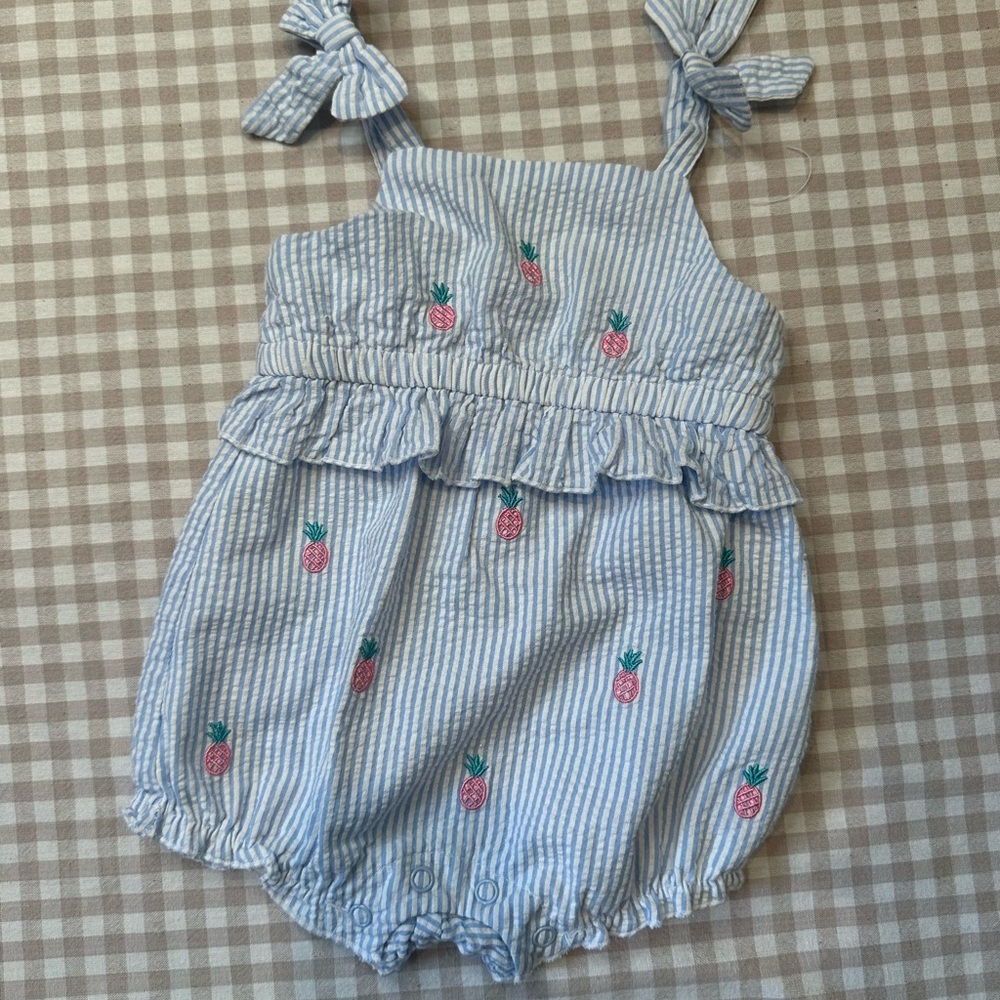 Crown & Ivy Blue and White Striped Romper with Pineapple Design